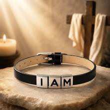 基督教字母手鍊系列，黑色可調節皮革手環附 IAM GOD INRI IHS GRACE JESUS 吊飾，信仰珠寶禮物 - 我是 - 查看 10