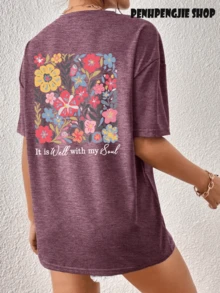 Vintage "It Is Well With My Soul" Wildflower Beach Front Back T-Shirt | Summer Tops For Women, On Everything, Casual Double Sided Graphic Tee - 中紫紅色 - 查看 3