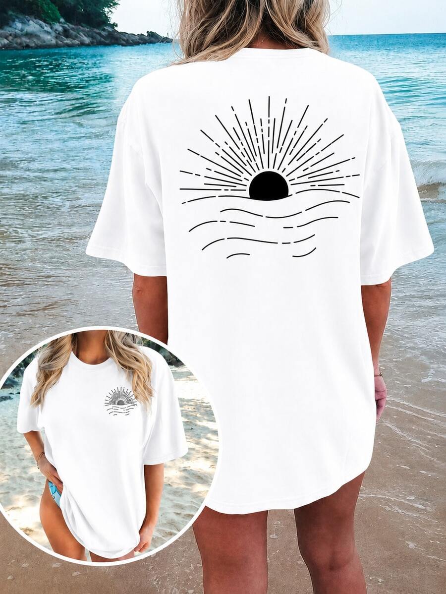 2026 Plus Size Women's Graphic T-Shirt, Casual Loose Summer Tee, Round Neck, Oversized, Soft Cotton, Everyday Wear, Cute Print, Vacation, - 白色 - 查看 1