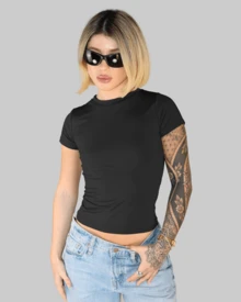 Women's Summer Cropped T-Shirt With Short Sleeves And Round Neck, Slim Fit, Solid Color, Aitona - 黑色 - 查看 2