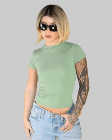 Women's Summer Cropped T-Shirt With Short Sleeves And Round Neck, Slim Fit, Solid Color, Aitona - 特奧斯綠色 - 查看 1