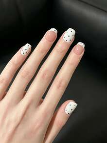 10Pcs Handmade Press On Nails Short Square, Nude & White False Nails With Black Polka Dot & French Tip Design, Reusable Glossy Fake Nails For Women - Multicolor - View 4