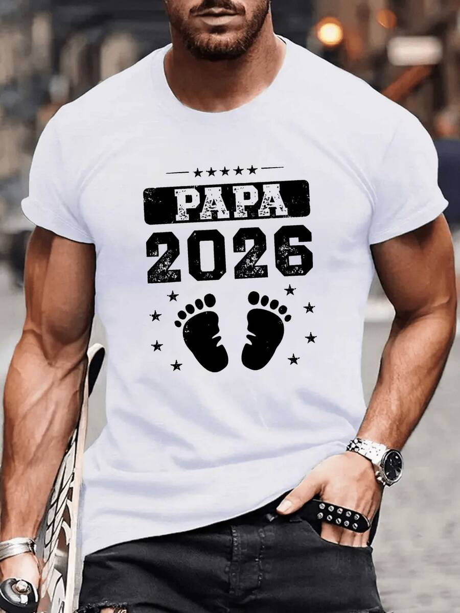 Camiseta Hombre Casual con Dibujo Papá 2026 y Huellas de Bebé,Estilo Moderno,100% algodón,Ideal para Regalo. - Blanco - Ver 1