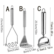 3Pcs Stainless Steel Kitchen Tool Set: Potato Masher + Multi-Functional Peeler, Manual Food Crusher For Mashed Potato, Pumpkin, Avocado & Baby Food, Easy Clean & Storage - Silver - View 10