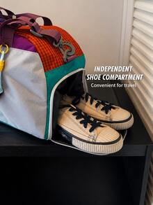 New Colorblock Fabric Travel Bag, Fashionable Patchwork Design Eye-Catching And Versatile, Lightweight Durable And Energetic. Large Capacity Space Can Easily Store Clothes, Shoes, Toiletries, Sports Equipment And Other Personal Items, Supports Hand-Carry, Shoulder, Crossbody Multiple Carrying Methods. Suitable For Fitness Sports, Short Trips, Weekend Outings, Business Trips, Campus Commuting And Other Multiple Scenarios. - Multicolor - View 6