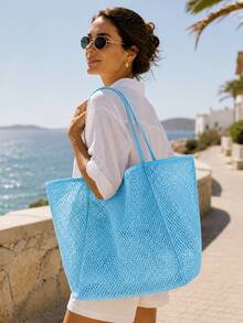 Bolso de malla, bolso de hombro plegable informal para mujer, bolso de picnic, impermeable, plegable, bolso esencial, bolso de compras multifuncional. - Neón/Fluorescente - Ver 3