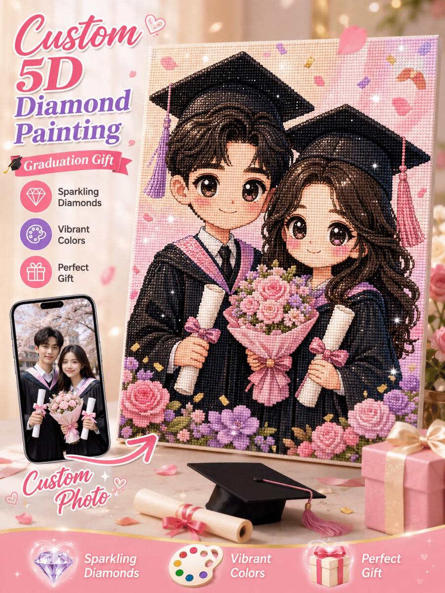 客製化畢業照鑽石畫肖像，個性化 5D 全鑽鑽石藝術套件，根據您的照片製作可愛 Q 版情侶肖像，DIY 鑽石刺繡畫布牆飾，適合送給朋友、家人、她的畢業禮物紀念品