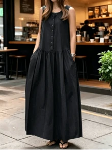 女款夏季新款優雅時尚休閒極簡無袖圓領長版A字口袋洋裝，黑色 - 黑色 - 查看 5
