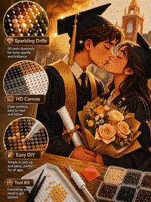 Customized Graduation Couple Photo Diamond Painting Set, Personalized 5D Diamond Art Portrait, DIY Diamond Embroidery Wall Decor, Romantic Kissing Couple Graduation Gift, Mother's Day, Friend Gift, Warm Movie 3D Animation Style - Multicolor - View 8