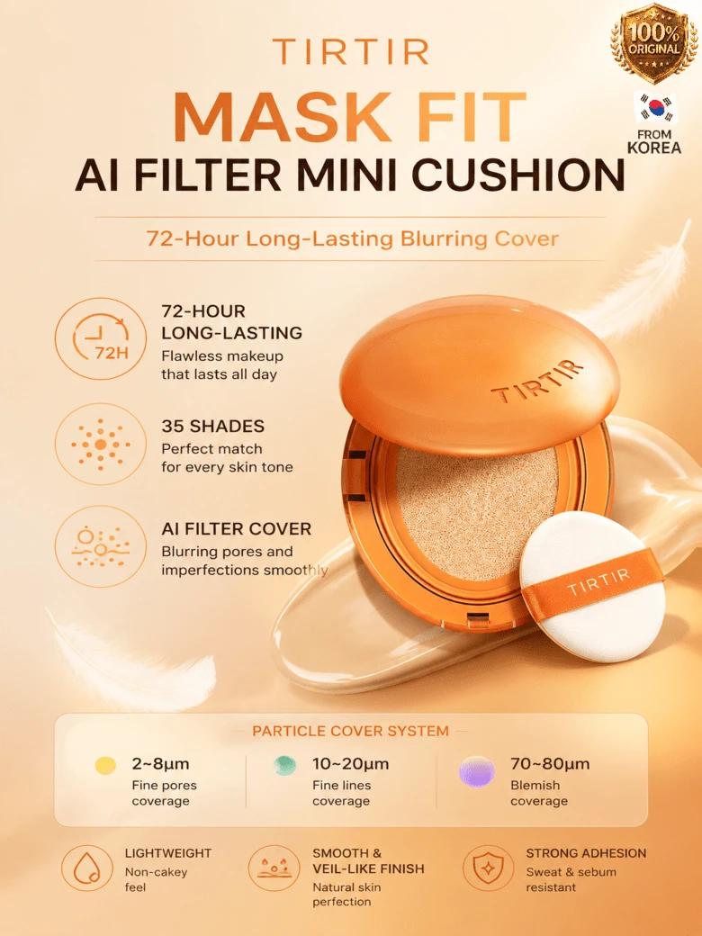 TIRTIR [*Mini Size*] Mask Fit Ai Filter Cushion Foundation 4.5g | AI-Like Semi-Matte Finish - Up To 72-Hour Medium To Full Coverage Korean BB Cushion Make Up Beauty, #27C Cool Beige - 27C 冷米色 - 查看 1