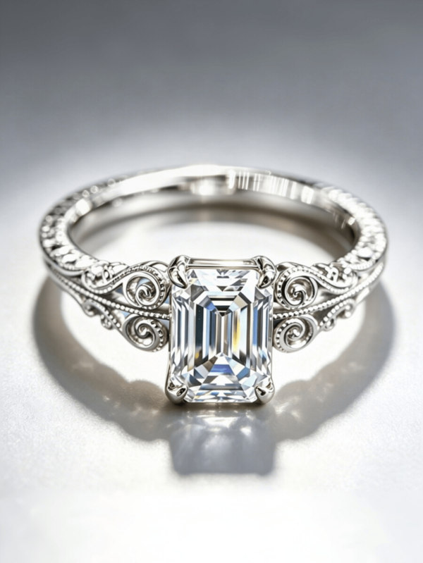 Anillo de compromiso elegante y lujoso, la piedra principal es un diamante transparente de corte rectangular, engastado con cuatro garras, talla de volutas simétricas en ambos lados de la banda del anillo, incrustado con pequeños diamantes adornados con circonita cúbica sintética, regalo perfecto para mujeres para uso diario, fiestas, banquetes, vacaciones, Día de San Valentín, aniversarios, bodas, celebraciones y días festivos, múltiples tamaños disponibles