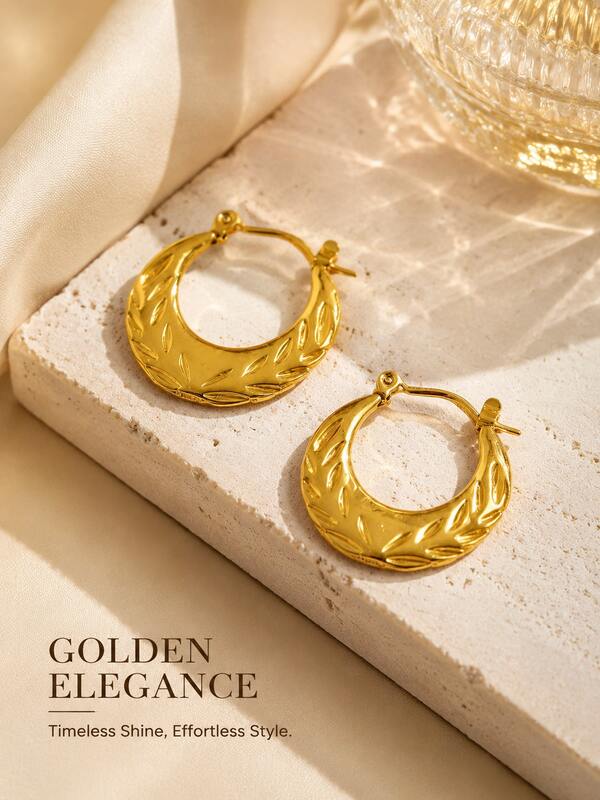1 Pair French Vintage Minimalist Luxury Modern Niche Commuter Cold Style Natural Texture 316 Stainless Steel 18K Gold Plated Willow Leaf Embossed Texture C-Shaped Semi-Circle Ear Cuff Earrings For Women, Suitable For Daily Commute, Workplace, Office, Date, Party, Wedding, Evening Banquet, Vacation, Best Friend Gathering, Graduation Season, Anniversary, Christmas, Valentine's Day, Mother's Day, Birthday Gift, Casual Outing, Vintage Market, Artistic Store Visit