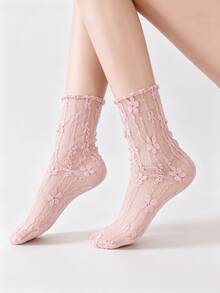 1/6 Pairs Summer Thin Mesh Sweet Floral Lolita Mid-Calf Socks - Multicolor - View 10