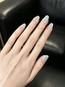 10Pcs Handmade Press On Nails Short Oval, Nude Blue Gradient Cat Eye False Nails With Star & Rhinestone Decor, Reusable Gel Glue On Nails For Women Daily Wear - Multicolor - View 3