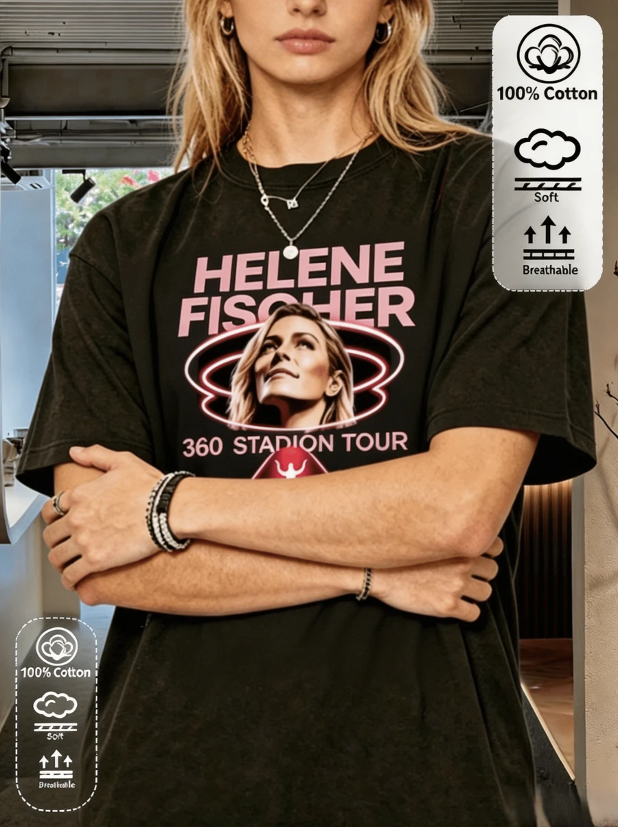 2026100% Cotton Helene 360° Stadion Tour T-Shirt For Women, German Singer Concert Graphic Tee, Casual Black Short Sleeve Top For Fans - 黑色 2 - 查看 1