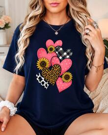 Women's Graphic T-Shirt With Hearts, Sunflowers, Leopard Print And Checks, 100% Breathable Cotton, Short Sleeves, Round Neck, Comfortable For Summer And Everyday Wear - 藍色 - 查看 1