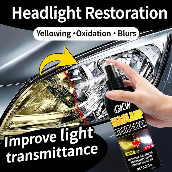 GKW Car Headlight Repair Spray - Removes Yellow Oxidation, Scratches, Fog And Haze, Headlights Become Bright Instantly - Suitable For Car Front And Rear Lights, Prevents Yellowing And Oxidation - Effective Restoration Solution