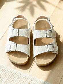 Popular Best-Selling 3-12 Years Old Kids Light White Sandals, Linen Tassel + Double Hook-And-Loop Closure, Fresh Artistic Style - Beige - View 2