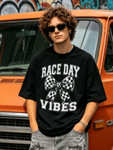 Men's Summer Casual Soft Round Neck Short Sleeve-Shirt,Race Day Checkered Bow Print Graphic Is Suitable Spring And Summer Wear. - 黑色 - 查看 4