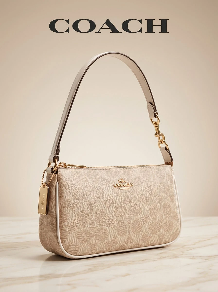 Coach Nolita 19 英寸标志性帆布 - 女士斜挎包时尚设计皮革手提包 - 旅行必需品日常使用学校/办公室 - 礼物 - 金色/沙粉笔色 - Gold/Sand Chalk - 查看 1