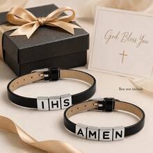 基督教字母手鍊系列，黑色可調節皮革手環附 IAM GOD INRI IHS GRACE JESUS 吊飾，信仰珠寶禮物 - 我是 - 查看 9
