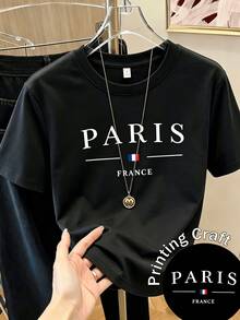Women's Casual Shirt Print T-Shirt, Short Sleeve And Round Neck, Local Spring/Summer Urban Fashion. - Black - View 1
