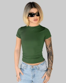 Women's Summer Cropped T-Shirt With Short Sleeves And Round Neck, Slim Fit, Solid Color, Aitona - 軍綠色 - 查看 1