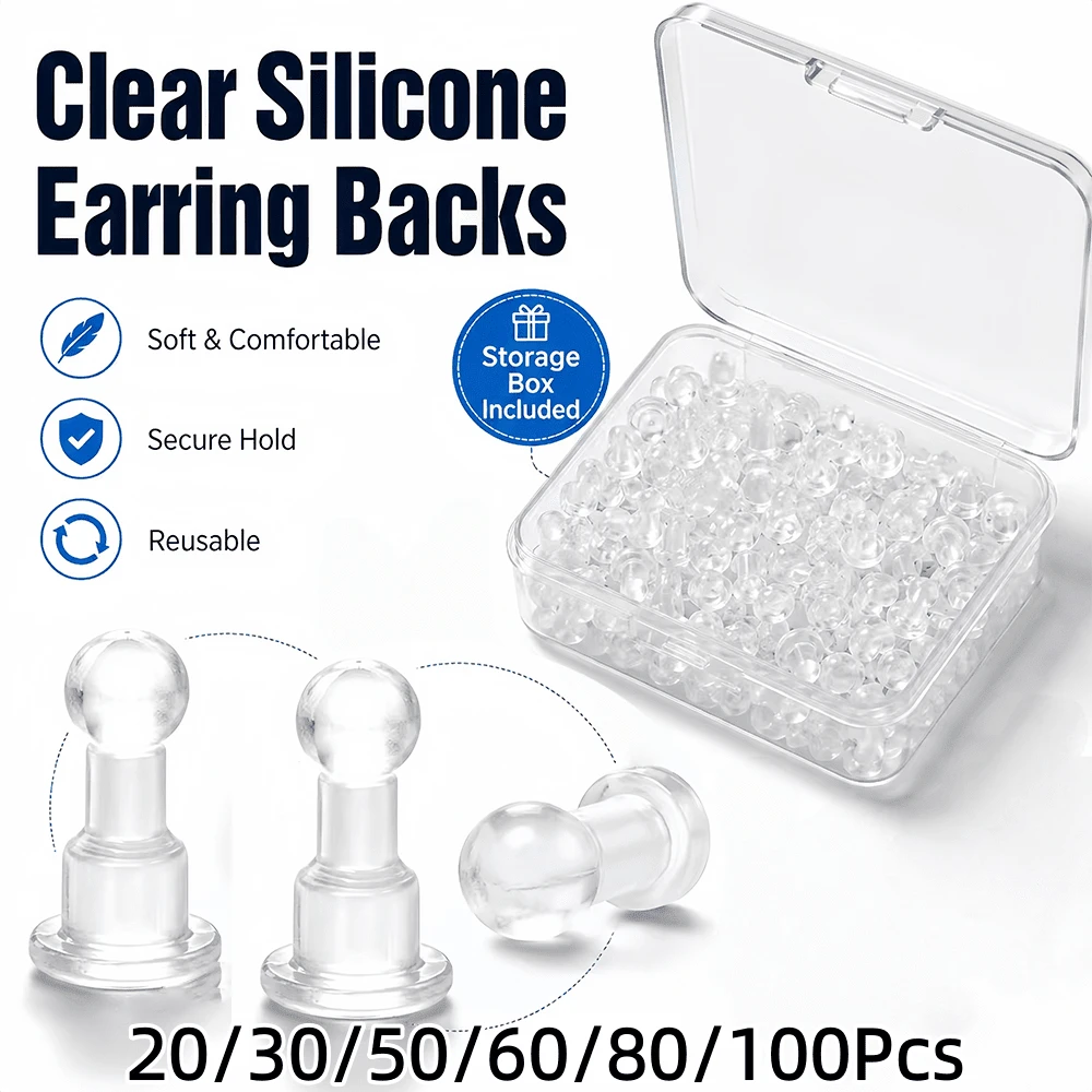 20Pcs/30Pcs/50Pcs/60Pcs/80Pcs/100Pcs Box Transparent Silicone Ear Plugs Earrings Silicone Ear Studs, Handmade DIY Jewelry Earring Accessories Anti-Slip Anti-Lost Silicone Ear Plugs Box, Convenient Storage