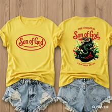 Women's Casual Cotton Round Neck Short Sleeve T-Shirt With 'Son Of God' Print, Regular Fit Summer Top For Everyday Style - 黃色 - 查看 1