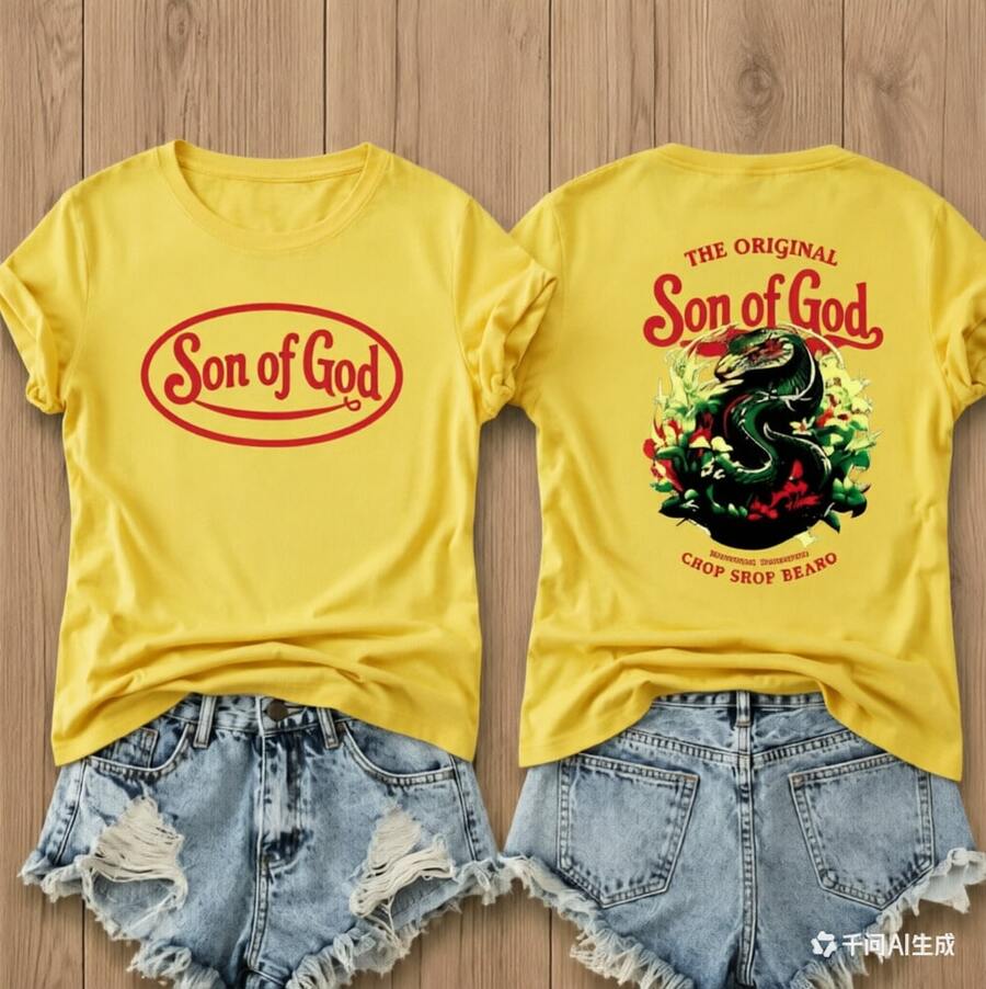 Women's Casual Cotton Round Neck Short Sleeve T-Shirt With 'Son Of God' Print, Regular Fit Summer Top For Everyday Style - 黃色 - 查看 1