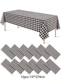 1/6/12PCS-137*274cm Black And White Plastic Checkered Tablecloth, Decorative Disposable Black Plaid Tablecloth, Suitable For Picnic Farm Birthday Wedding Rectangular Party Tablecloth - Black - View 12
