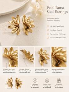1 Pasang Anting Stud Simetris Kelopak Berlapis 3D Emas KC Besi untuk Wanita - Kelopak simetris - View 5