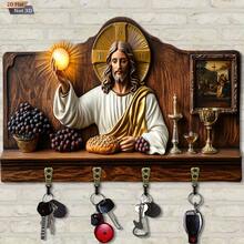 Christian Jesus Bible Wall Hanging Key Rack 2D Flat Non-3D Vintage Icon Cross Wooden Key Storage Hook Believer Home Entryway Wall Faith Decor Plaque - Jesus Bible Theme - View 5