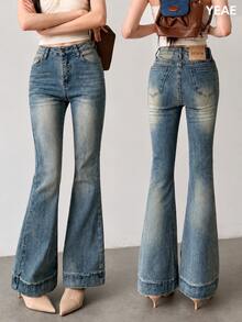Women's Casual Versatile Daily Travel Denim Flare Jeans With Pockets And Buttons Fall - Medium Wash - View 1