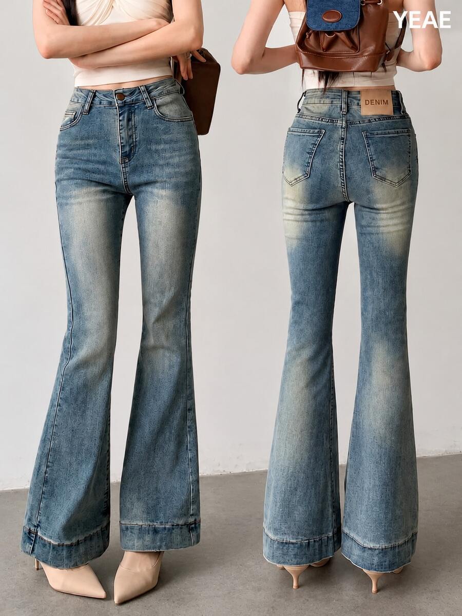 Women's Casual Versatile Daily Travel Denim Flare Jeans With Pockets And Buttons Fall - Medium Wash - View 1