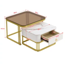 Stackable Coffee Table: Glossy Marble Look, Gold Details, Side Table With Drawers. Set Of Two Pieces. - White 1 - View 4