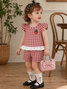 Baby Girl Summer 2-Piece Set: Red & White Patches Strawberry Print, Cap Sleeve Top With White Ruffle Hem, Lightweight & Breathable For Daily Wear, Outings, Parties, Picnics - Red - View 9