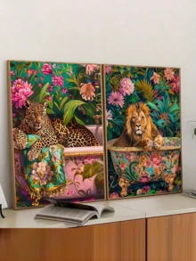 1幅装裱帆布墙画，色彩鲜艳的狮子和豹子帆布海报，现代艺术墙饰，花卉动物图案，适用于客厅、卧室、浴室、家庭办公室 - 时尚家居装饰，房间装饰礼物，生日毕业礼物 - 彩色 - 查看 2
