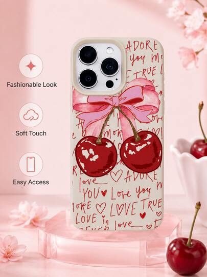 1pc Sweet Cherry Love Letter Style, Cream White Soft Shell, Full Coverage Shockproof Phone Protective Case, Hand-Drawn Cherry + Handwritten Love Poem Print Compatible With IPhone 17pro MAX/17pro/17/16pro MAX/16pro/16/15pro MAX/15pro/15/14pro MAX/14pro/14/13pro MAX/13pro/13/12pro MAX/12pro/11pro MAX/11, Shockproof Waterproof Protective Case