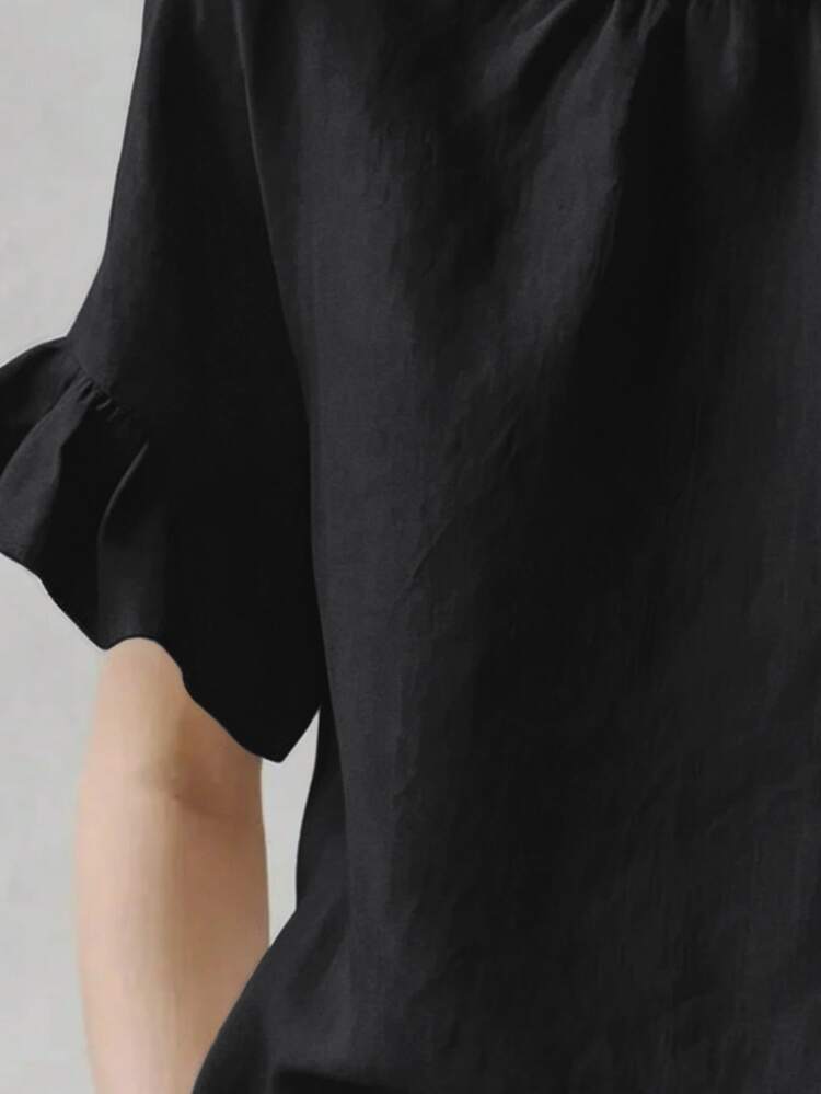 Solid Color Ruffle Trim Short Sleeve Casual Shirt - Black - View 5