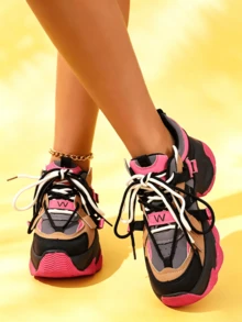 Women's Black Chunky Sneakers, Round Toe Lace-Up Thick Bottom Casual Athletic Shoes, Lightweight Outdoor Running For Spring & Autumn - 紅色 - 查看 4