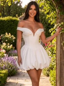 Off-The-Shoulder Dress With Straight Shoulders, Fitted Silhouette, And Sexy Drop Shoulders Featuring Puff Sleeves And A Bud-Shaped Skirt - 白色 - 查看 4