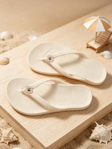Unisex Flip Flops With Arch Support, Solid Color Beach/Home Slippers, Suitable For Spring, Summer, Autumn - White - Shoe Flower Style 1 - View 12