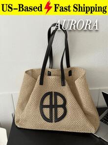 Elevate Your Summer Ensemble With This Must-Have Woven Straw Tote Bag Crafted From Premium Straw It Boasts A Sleek Logo Accent Sturdy PU Leather Strap - 彩色 - 查看 1