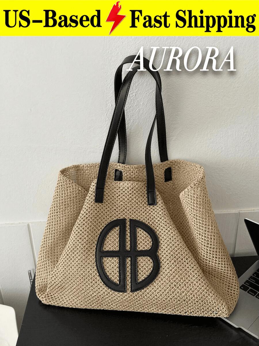 Elevate Your Summer Ensemble With This Must-Have Woven Straw Tote Bag Crafted From Premium Straw It Boasts A Sleek Logo Accent Sturdy PU Leather Strap - 彩色 - 查看 1