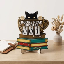1/2pcs Rustic Black Cat Library Wooden Signs, Cup & Book Stack Designs. Freestanding & Hanging Design Manual Reading Counter For Home Library Study Room Office, Perfect Back To School Gift For Book Lovers. - Multicolor - View 12