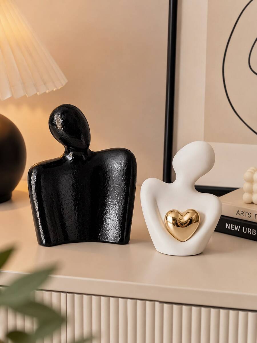 Ins Style Abstract Couple Resin Statue Set With Gold Heart, 3 Colors Available, Living Room And Bedroom Decor, Couple And Graduation Gift - Holding a Peach Heart - View 1
