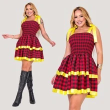 Women's Festa Junina Dress With Bow Tie, Ruffles, Sensual Layered Design, Checkered Pattern, Arraiá São João 2026 - Red With Yellow - View 1