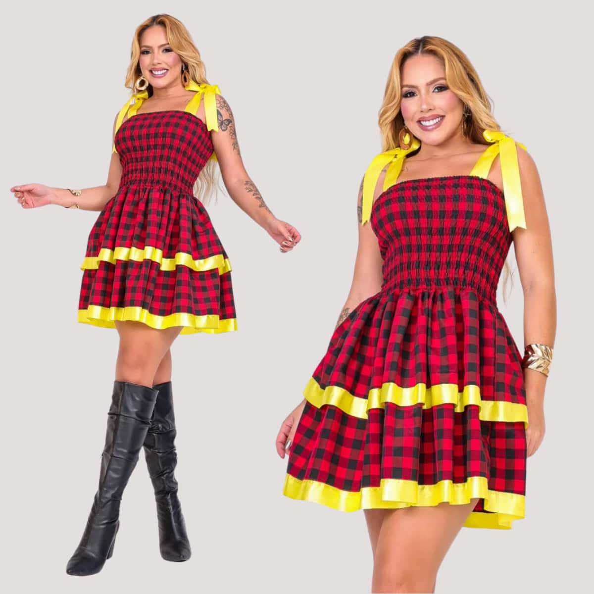Women's Festa Junina Dress With Bow Tie, Ruffles, Sensual Layered Design, Checkered Pattern, Arraiá São João 2026 - Red With Yellow - View 1