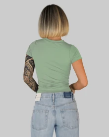 Women's Summer Cropped T-Shirt With Short Sleeves And Round Neck, Slim Fit, Solid Color, Aitona - 特奧斯綠色 - 查看 3